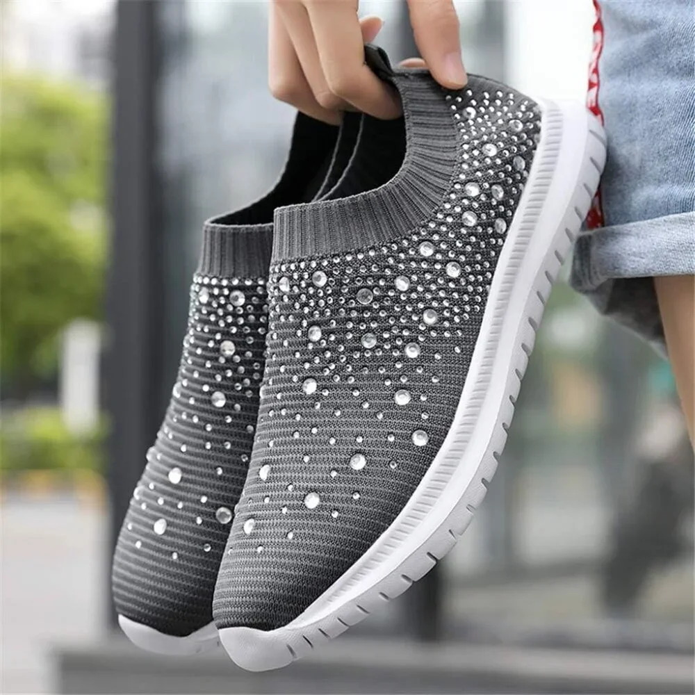 Women's Mesh Walking Shoes Rhinestone Glitter Slip On Ballroom Sneakers Grey